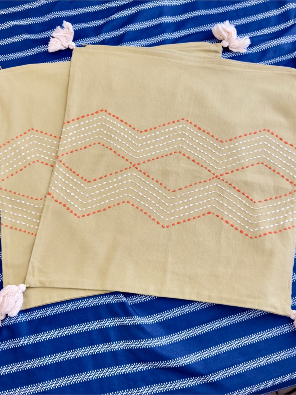 IKEA Green with Tassle and Embroidered Pattern Cushion Cover Set